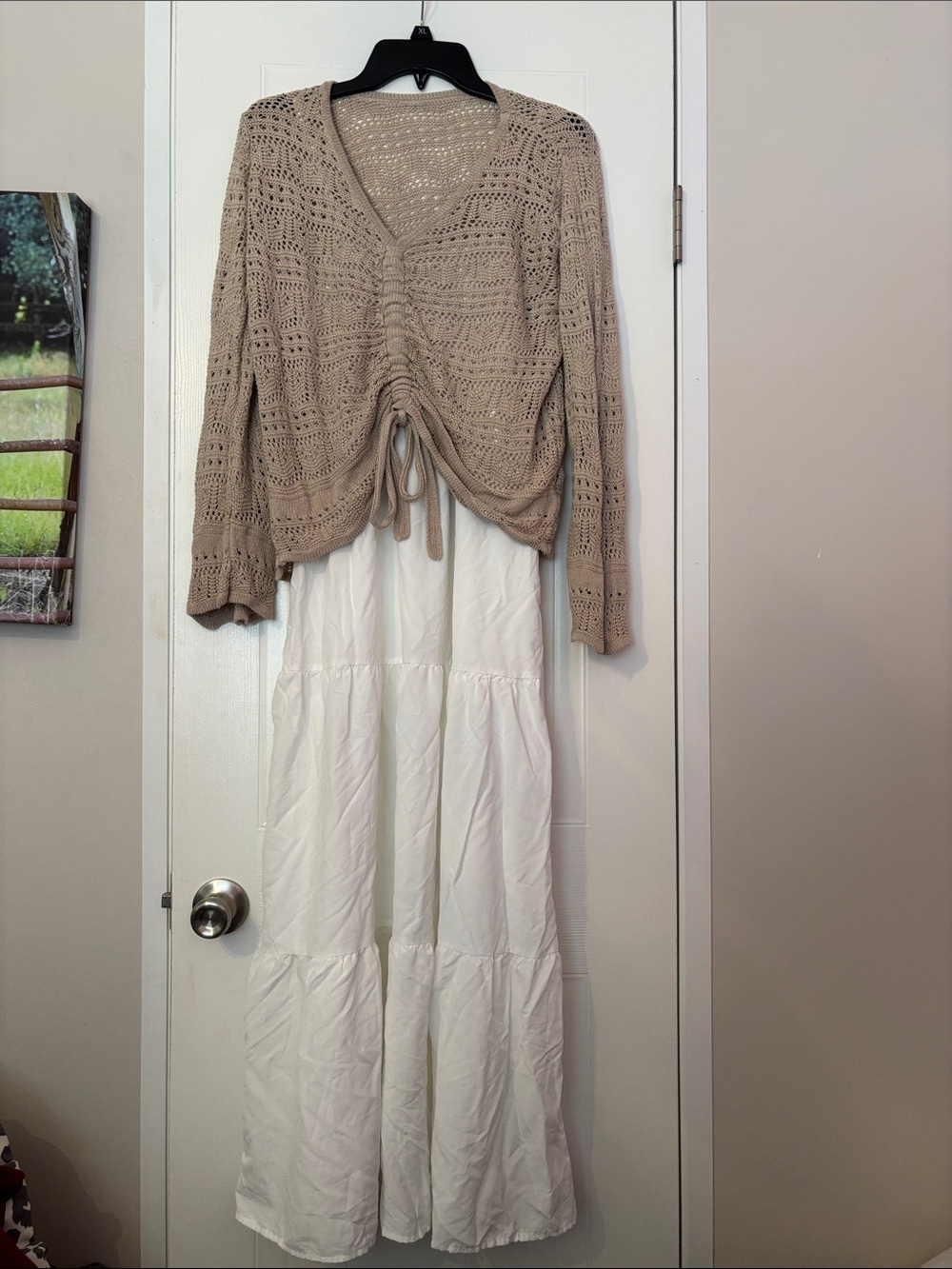 White Smocked Maxi Dress with Tiered Skirt and Crochet Sweater - Picture 3 of 6